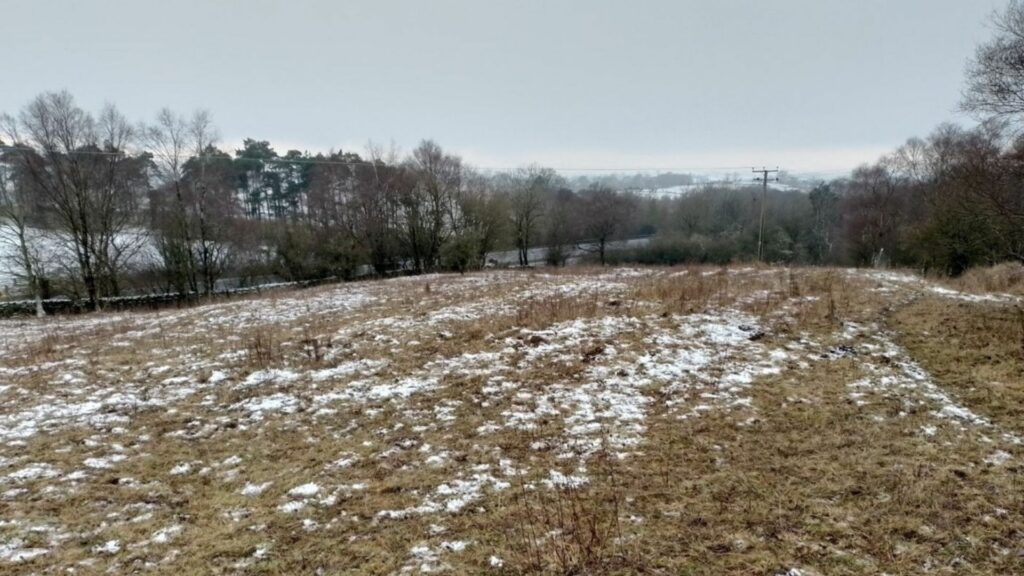 A field in the winter with sprinkling of snow on the ground