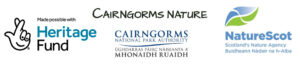 The National Lottery Heritage Fund logo, Cairgorms National Park Authority and Nature Scot Logo