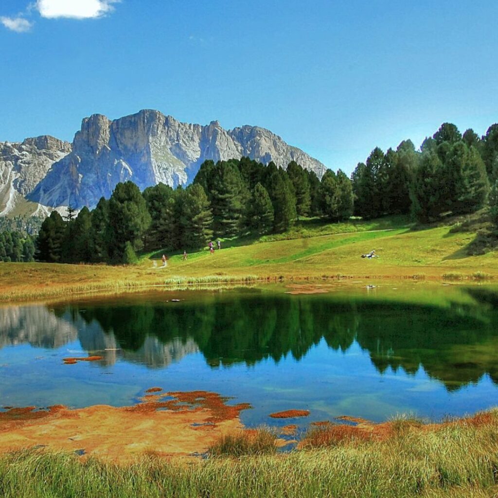 Lake in foreground with mountain range in background