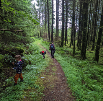 Family exploring in a woodland