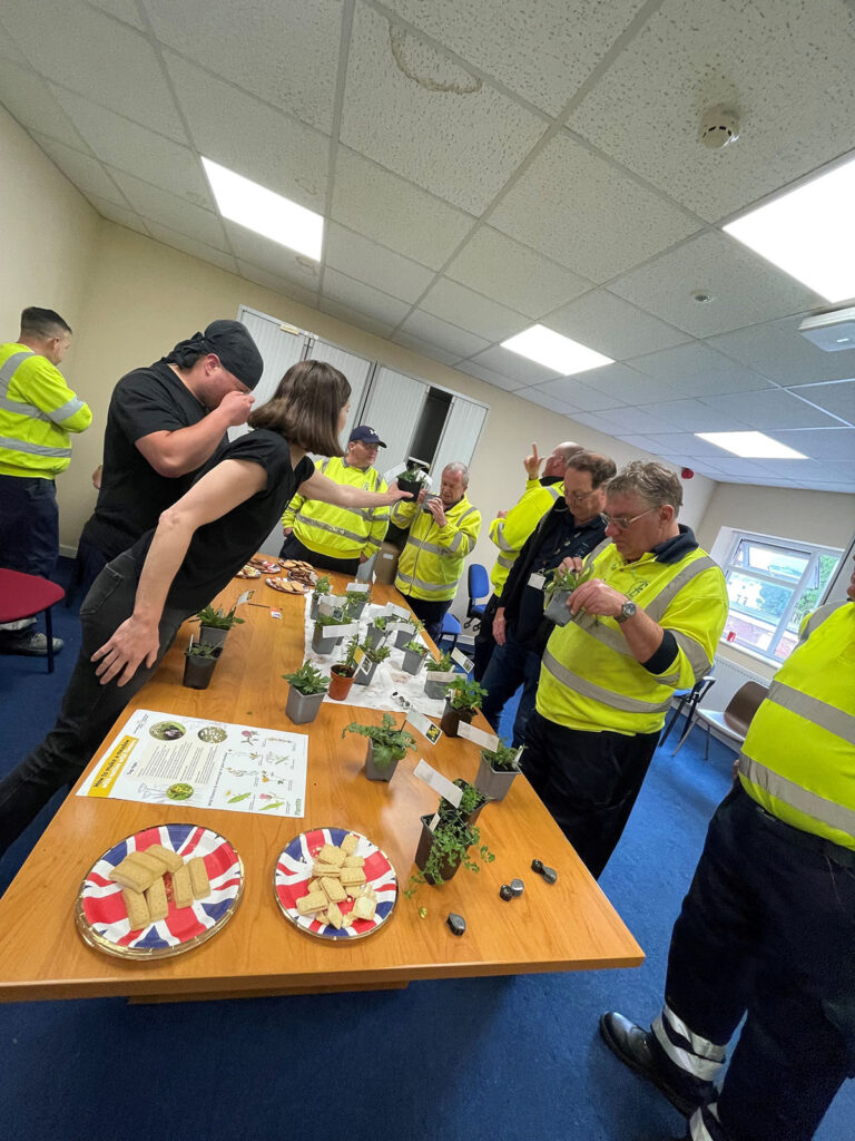 A group of workers participating in an training event investigating potted plants