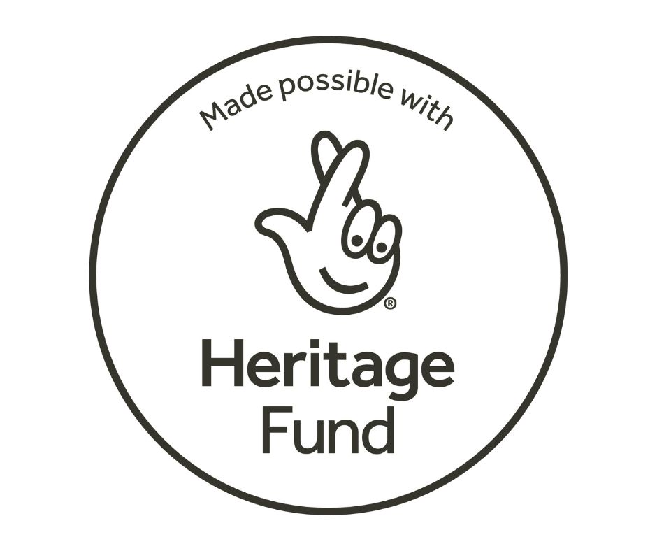 Image shows the logo for the National Lottery Heritage Fund, which is a drawing of a hand with crossed fingers encompassed by an outline of a circle, the writing reads: "Made possible with Heritage Fund".
