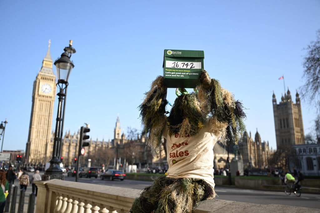 Someone wearing a bog costume holding a box showing 16,000 have signed a petition in front of Parliament