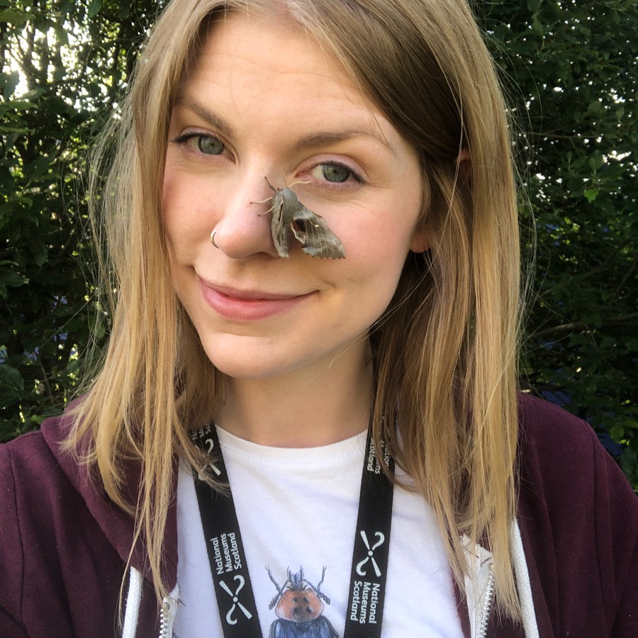 Photograph shows a woman in close range to the camera. She has a large butterfly perched on the side of her nose and cheek. She has shoulder length blonde hair and is wearing a burgundy jacket and white t shirt.