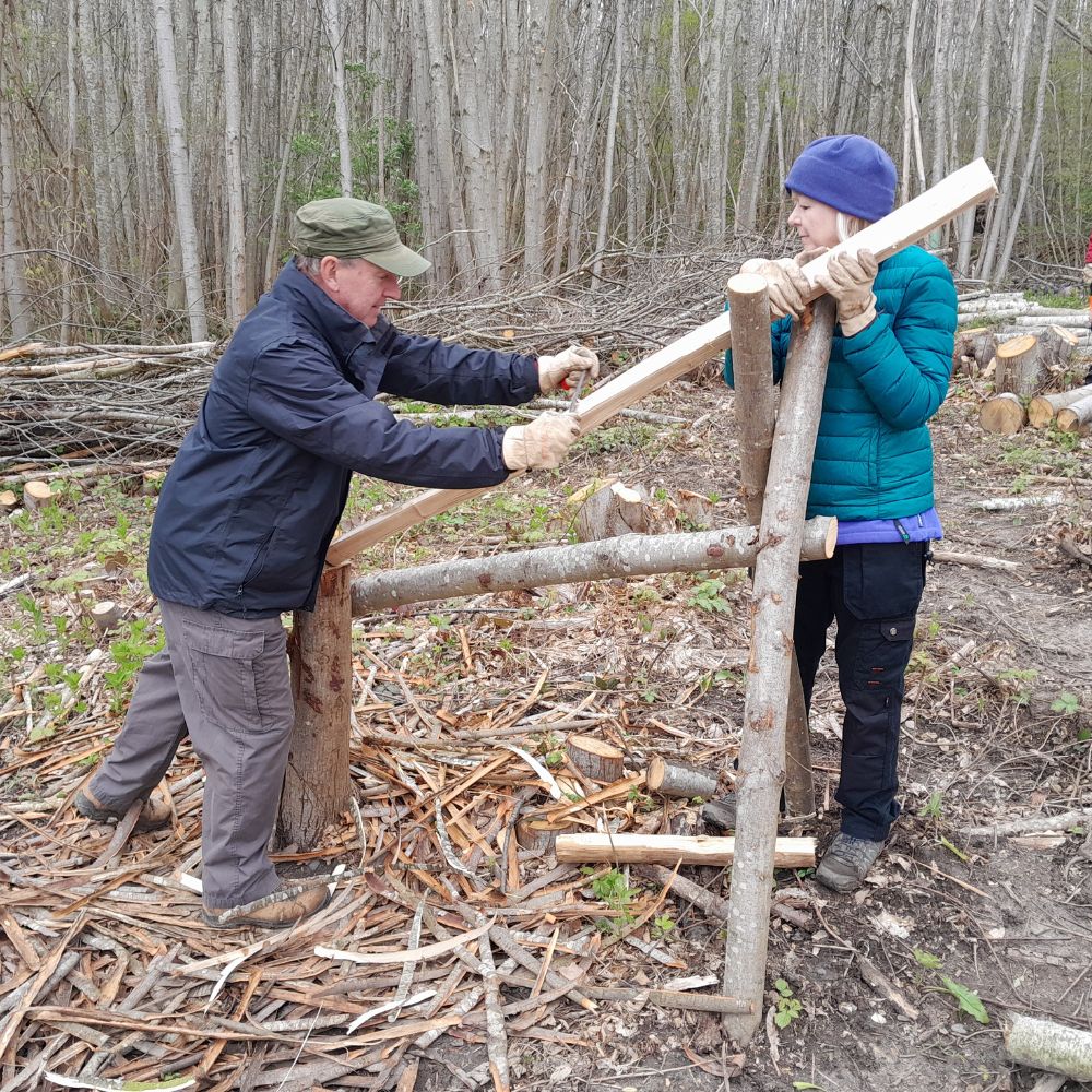 Photograph shows two people, both volunteers, wood working in the middle of a clearing in a forest.