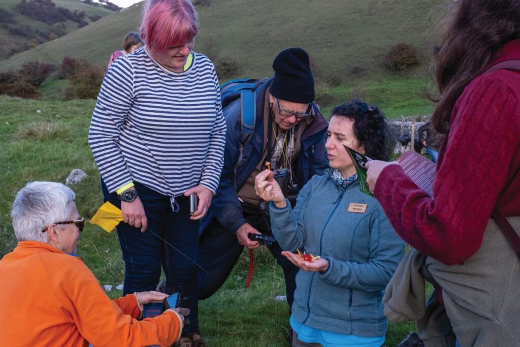 Photograph shows a group of people studing fungi - holding specimens in their hands